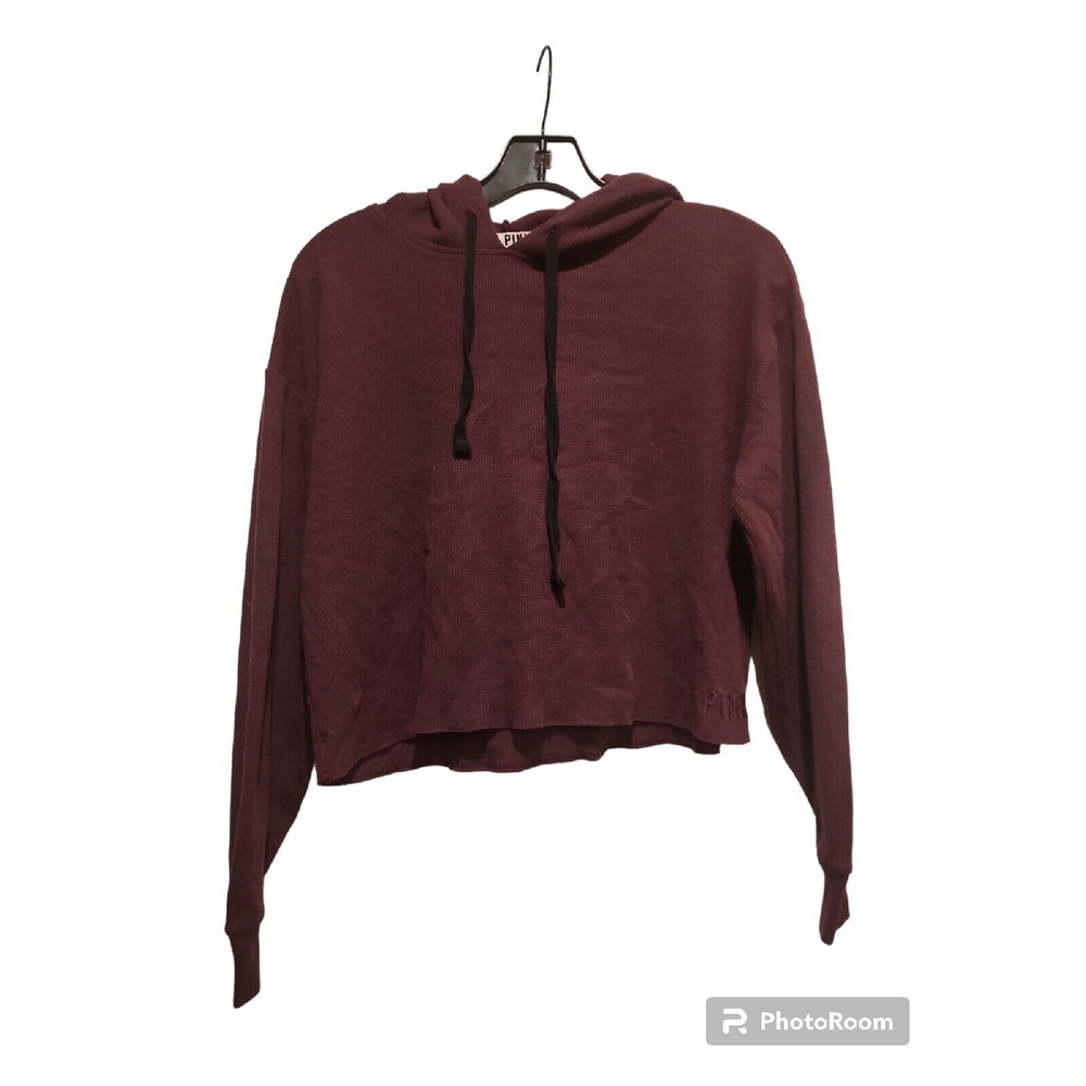 PINK‎ Victoria's Secret Cropped Hoodie Waffle Knit Long Sleeve Burgundy XS
